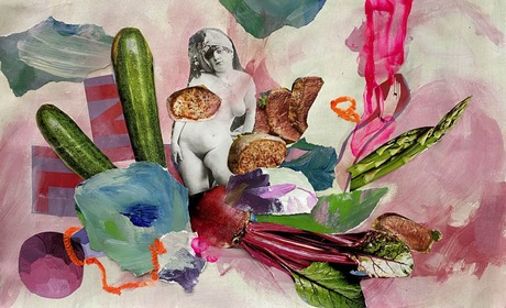 Collage mit Gemüse, Farbflächen und Figur