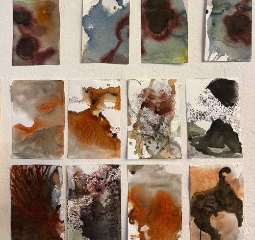 Zwölf Aquarelle an der Wand