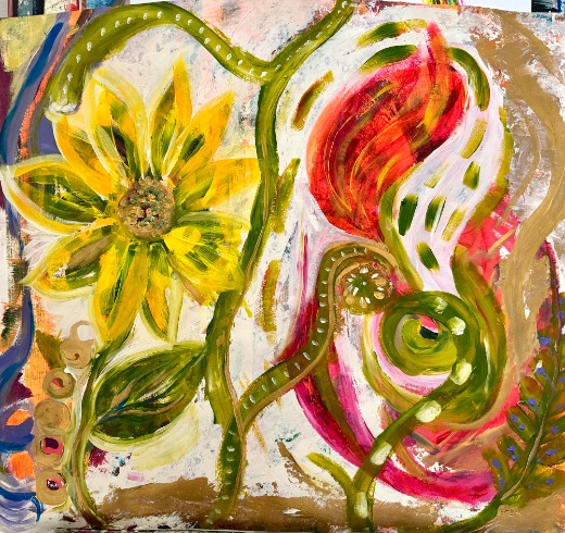 Gemälde mit gelber Blüte und roter Knospe